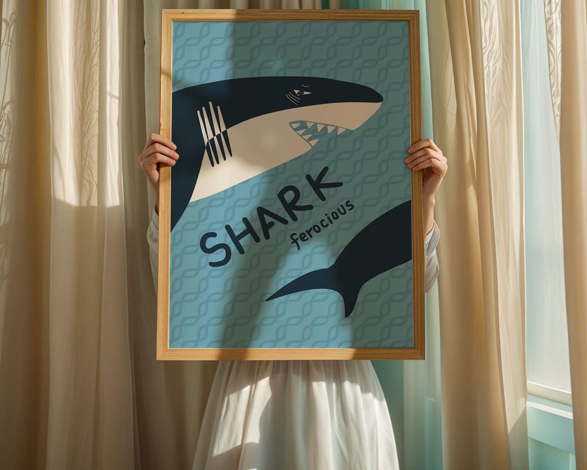 Illustrated shark graphic with blue background and typography