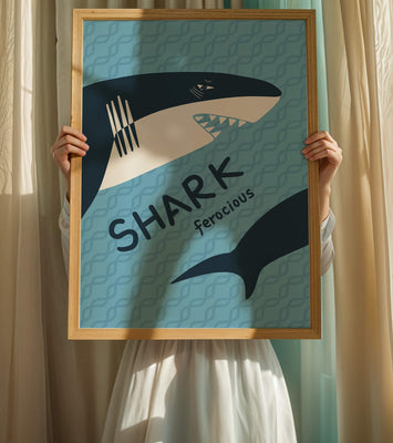 Illustrated shark graphic with blue background and typography
