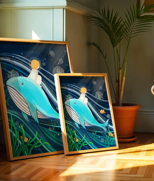 Whimsisches Unterwasserszenario mit Kind und Blauwal