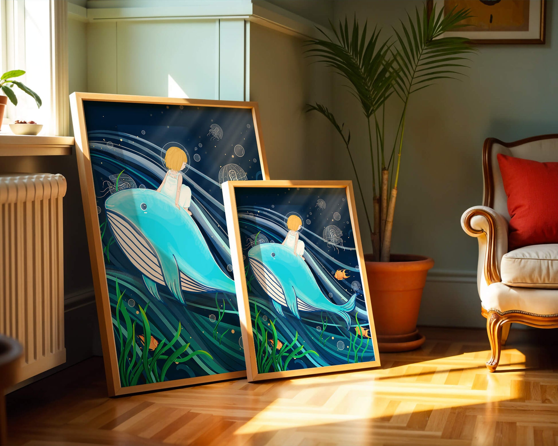 Whimsisches Unterwasserszenario mit Kind und Blauwal