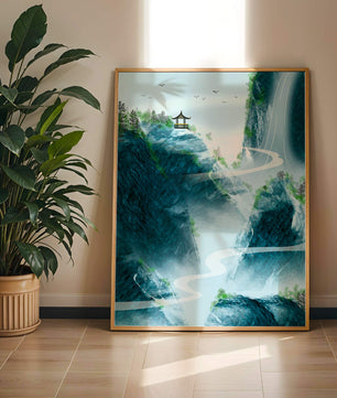 Serene mountain landscape with a pavilion and waterfall