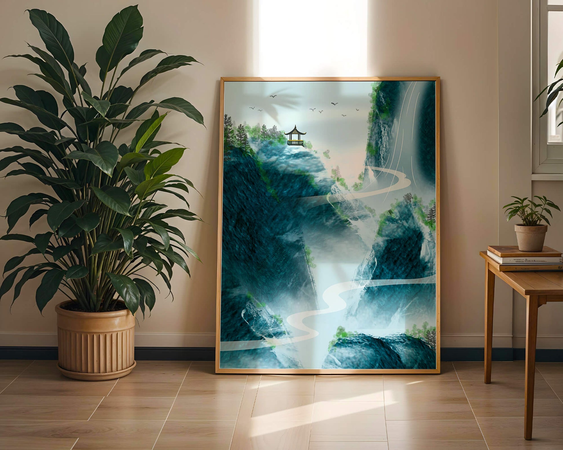 Serene mountain landscape with a pavilion and waterfall