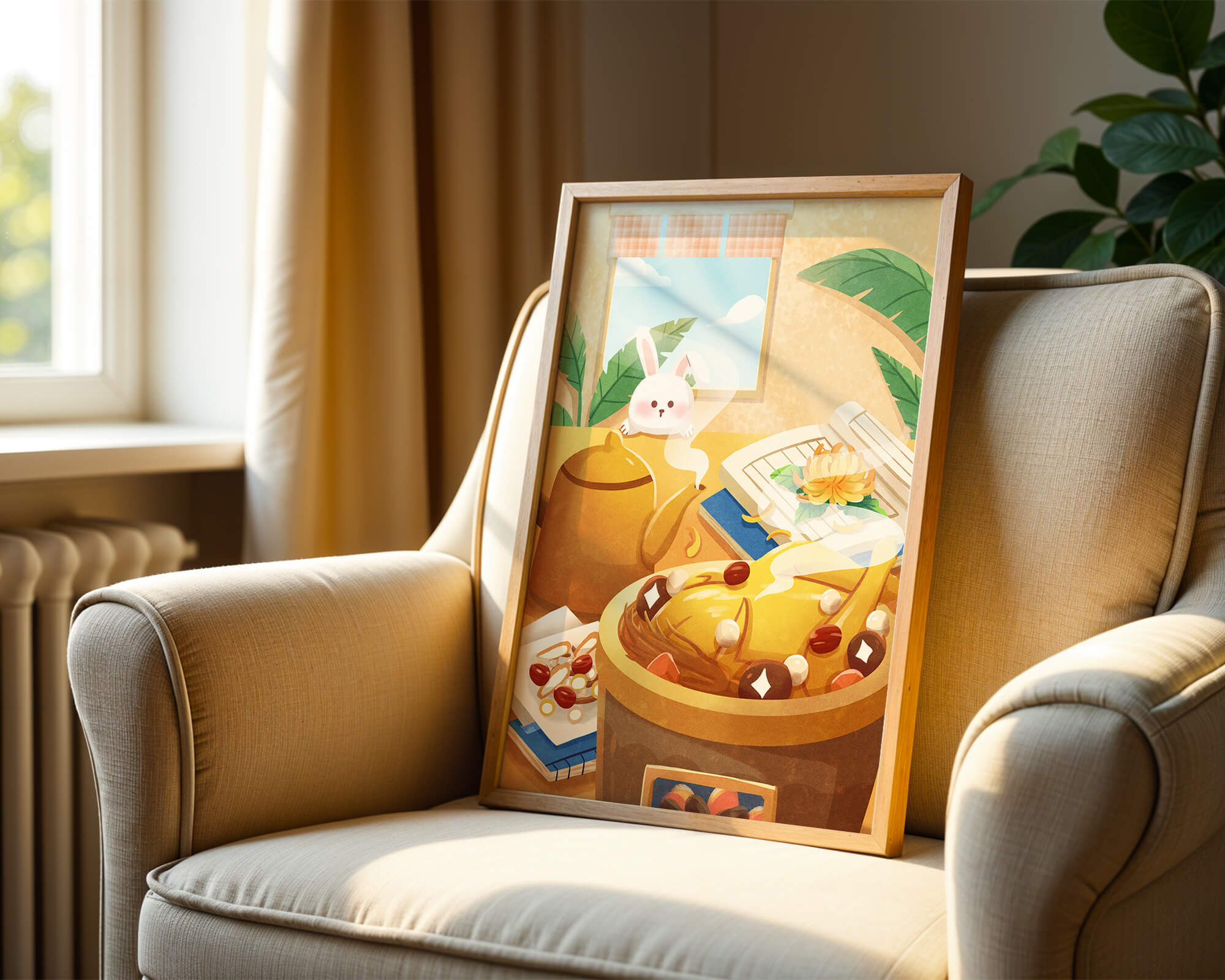 Cozy kitchen scene with cute bunny, teapot, and golden dessert