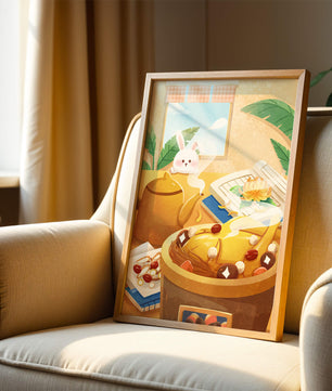 Cozy kitchen scene with cute bunny, teapot, and golden dessert