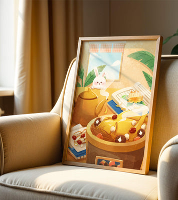 Cozy kitchen scene with cute bunny, teapot, and golden dessert