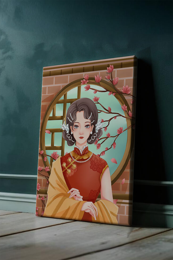 Elegant woman in traditional dress with floral background
