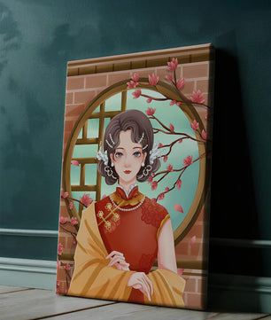 Elegant woman in traditional dress with floral background