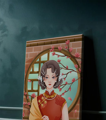 Elegant woman in traditional dress with floral background