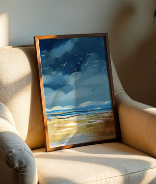 Meereslandschaft mit Vögeln in einer leuchtenden Blau- und Goldpalette