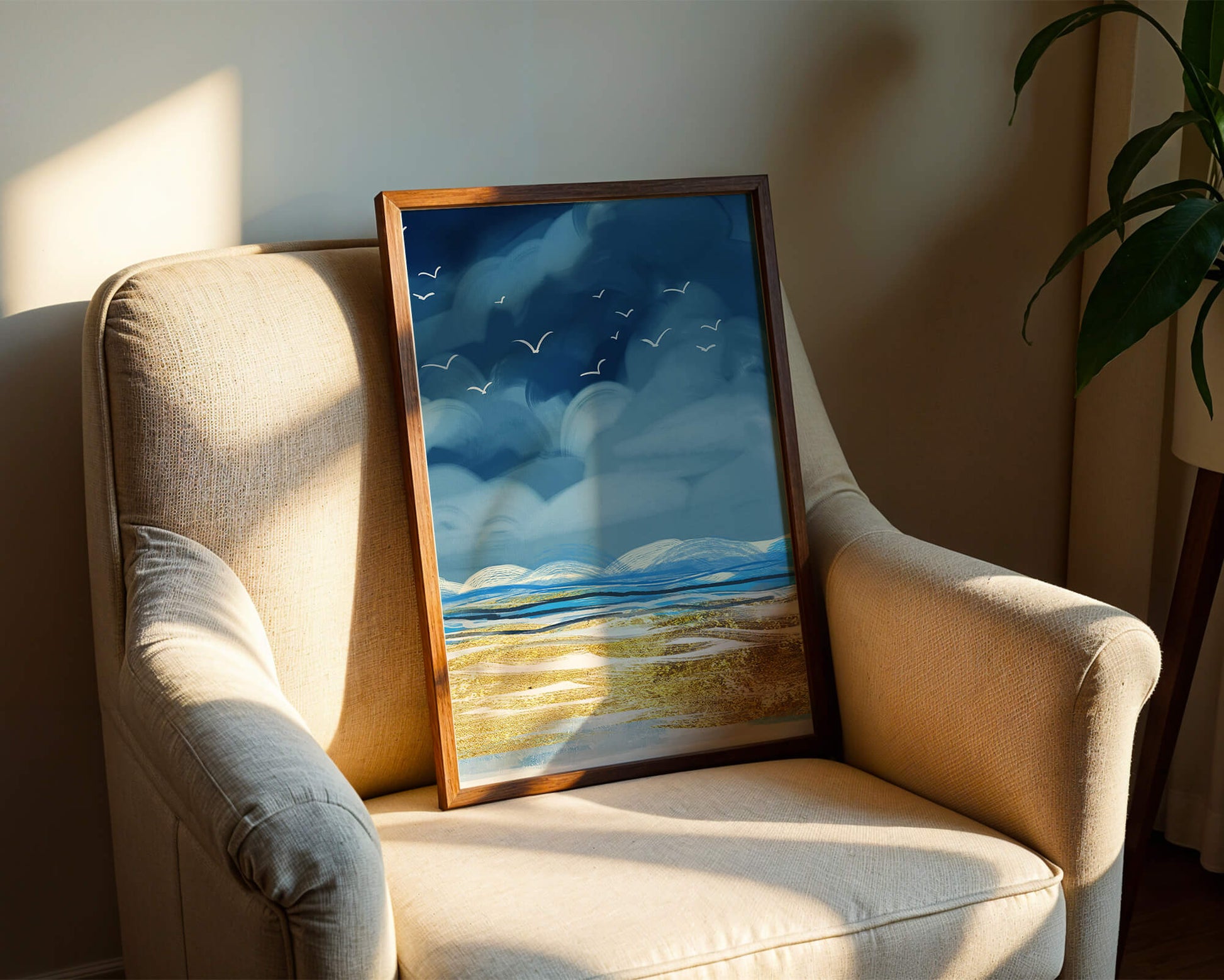 Seascape with Birds in a Vibrant Blue and Gold Palette