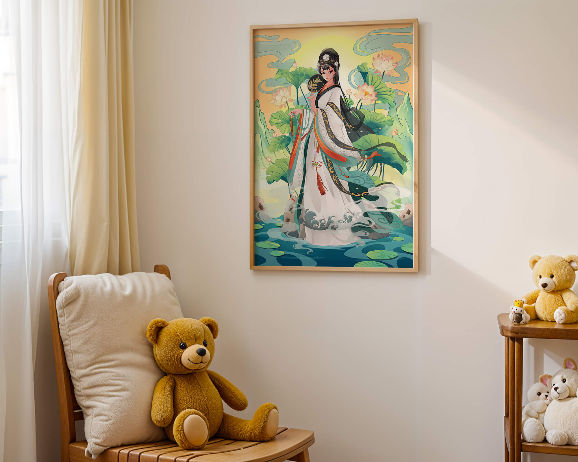 Elegant woman in traditional attire with lotus flowers and serene backdrop