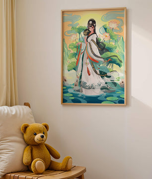 Femme élégante en tenue traditionnelle avec des fleurs de lotus et un décor serein