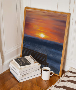 Serene Sunset Overlooking the Ocean with a Wooden Bench
