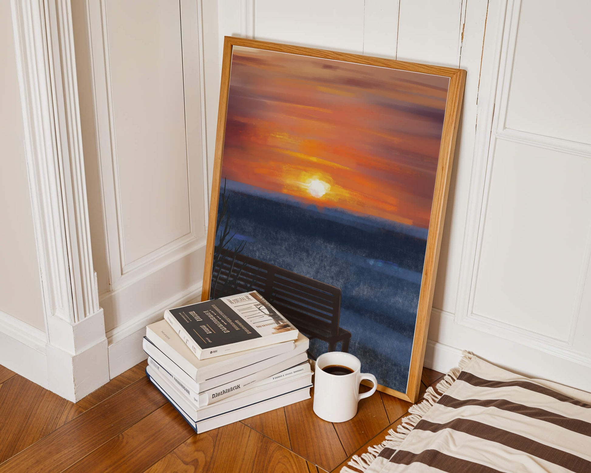Serene Sunset Overlooking the Ocean with a Wooden Bench