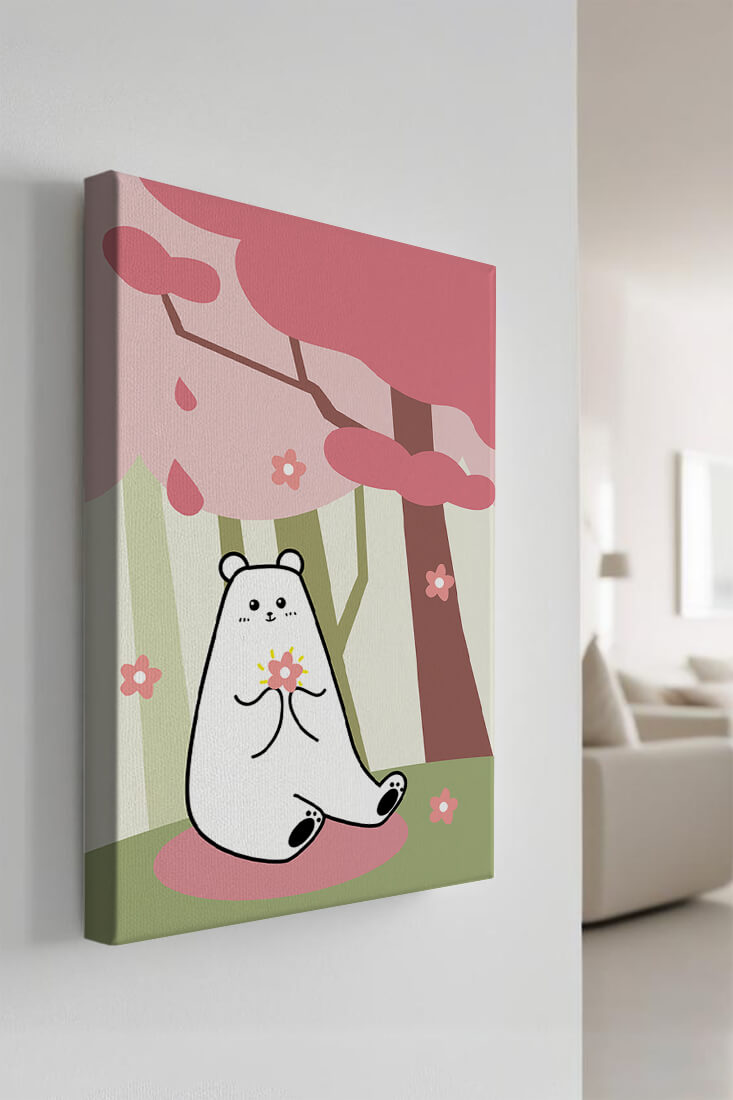 Charming bear holding flower under cherry blossom tree