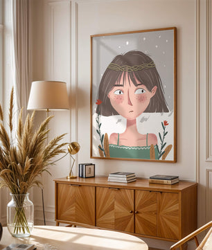 Illustrated girl with a braided crown, floral accents, and expressive features