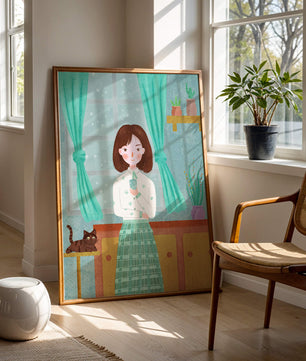 Charming Illustration of Woman and Cat in Cozy Living Room
