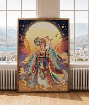 Elegant fantasy illustration with celestial elements and rabbit