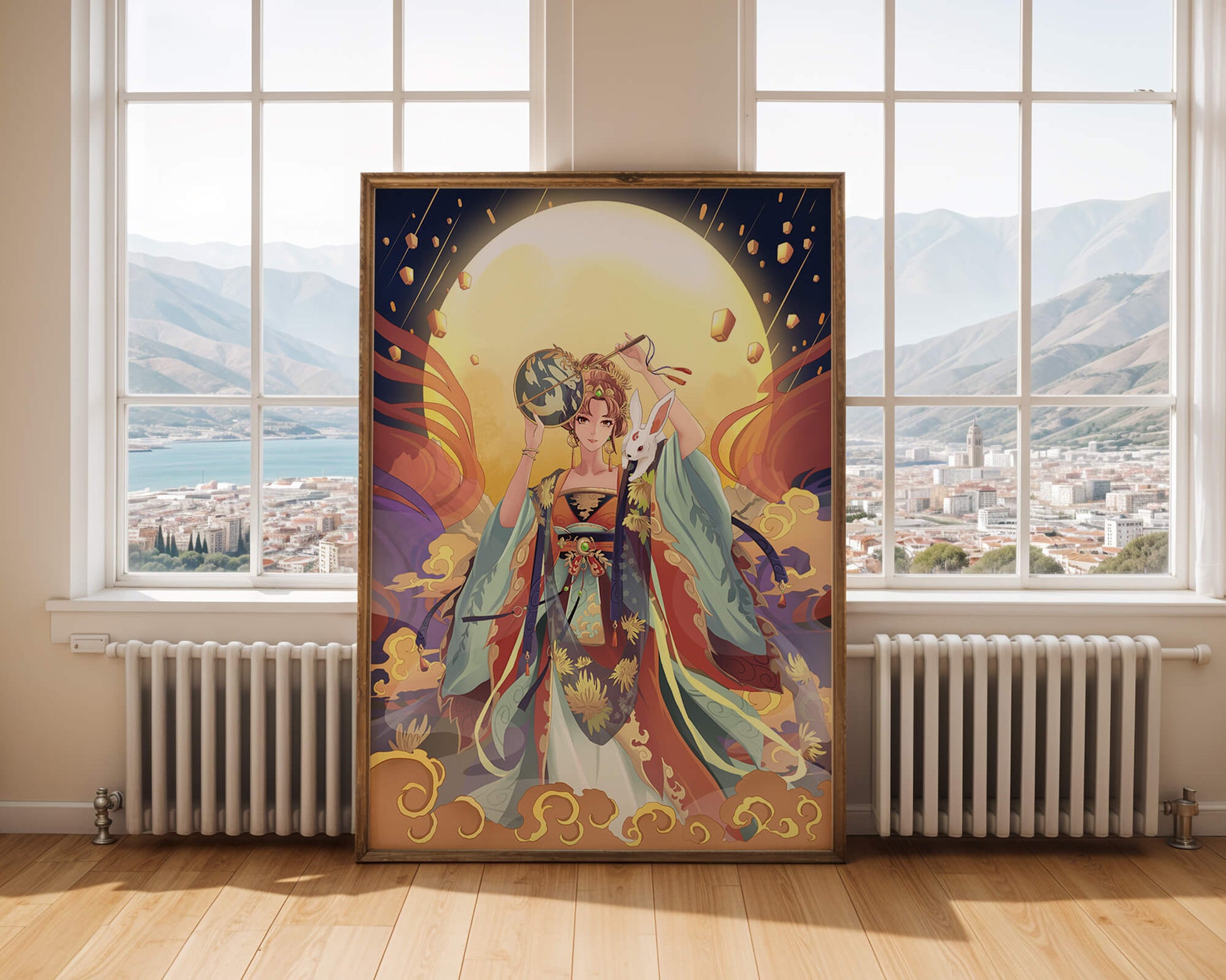 Elegant fantasy illustration with celestial elements and rabbit
