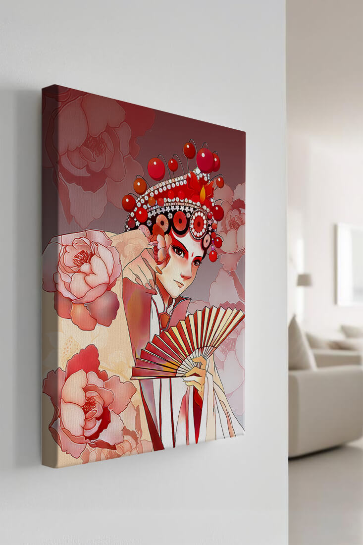 Traditional Asian artwork with floral motifs and ornate headpiece