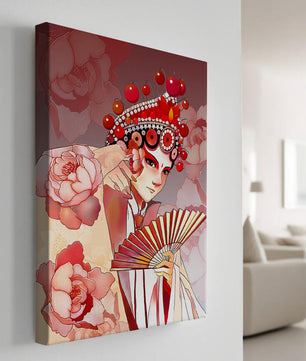Traditional Asian artwork with floral motifs and ornate headpiece