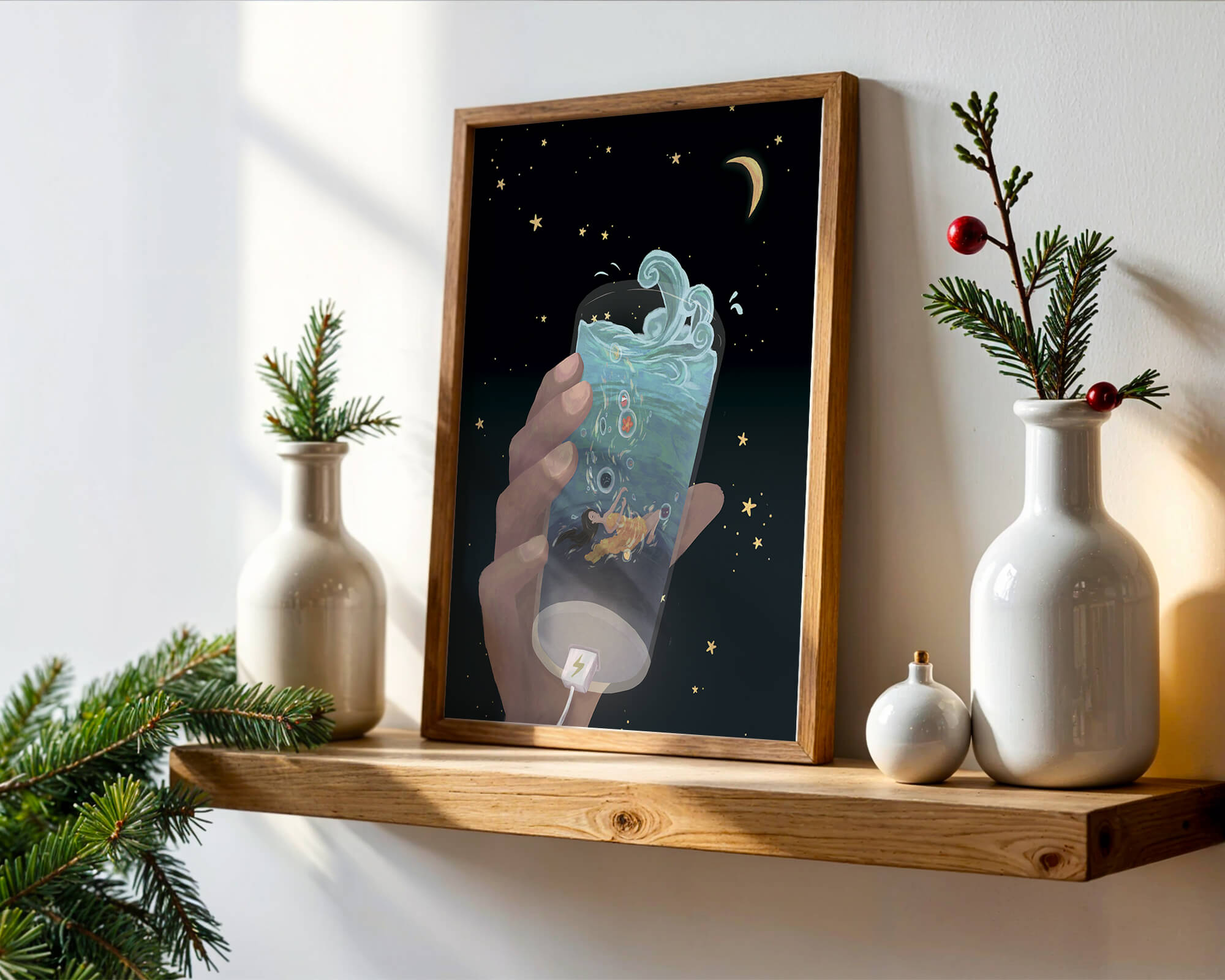 Abstract night sky scene with hand holding a glass of swirling water