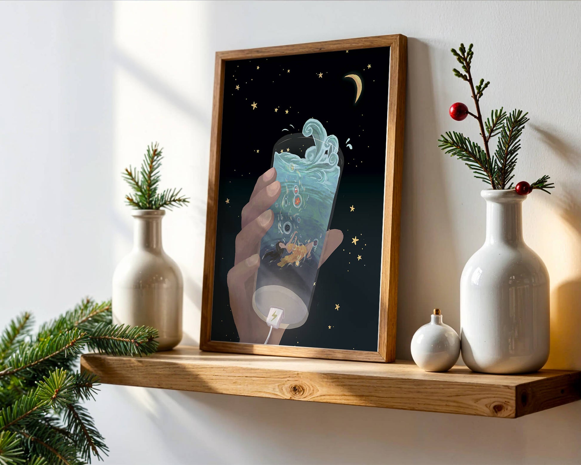 Abstract night sky scene with hand holding a glass of swirling water