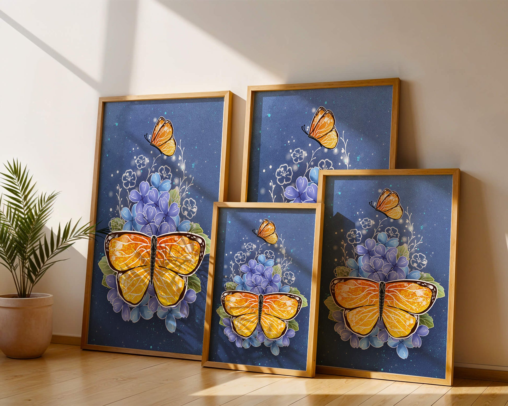 Colorida ilustración de mariposa y flores azules