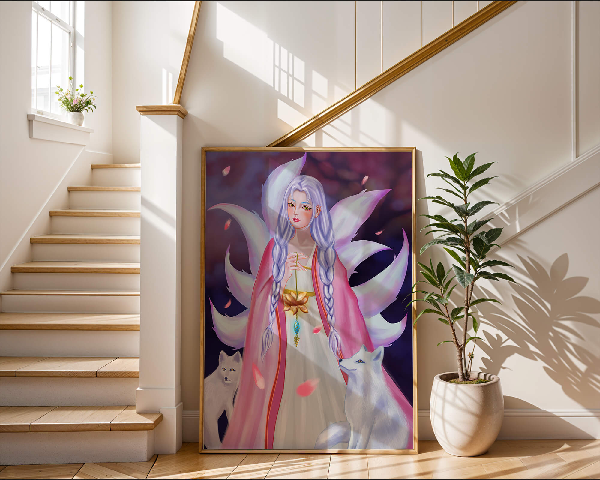 Fantasy art of ethereal figure with foxes and petals