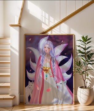 Fantasy art of ethereal figure with foxes and petals