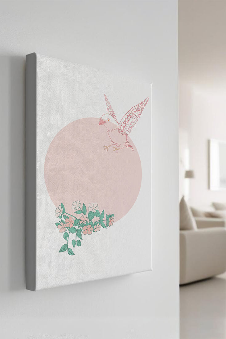 Pájaro pastel con elementos florales en estilo minimalista