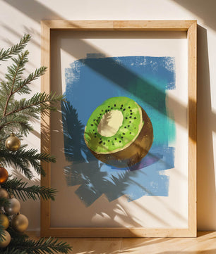 Illustration of a kiwi with a textured blue background