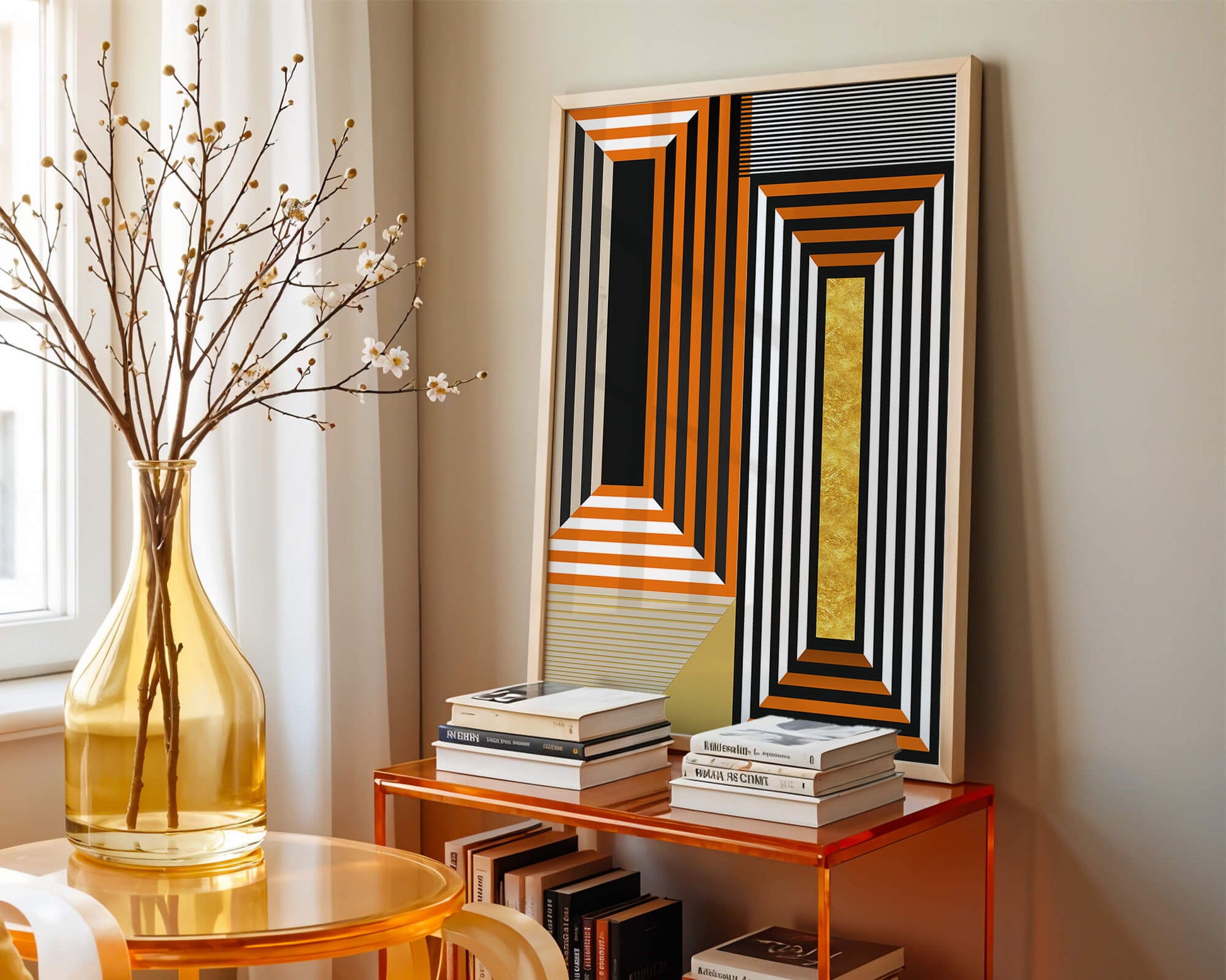 Geometric Abstract Art with Stripes and Gold Element in Orange, Black, and White
