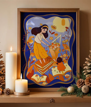 Whimsical illustration with woman and child among books and flowers