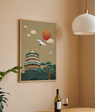 Traditional Asian art with cranes and temple at sunset