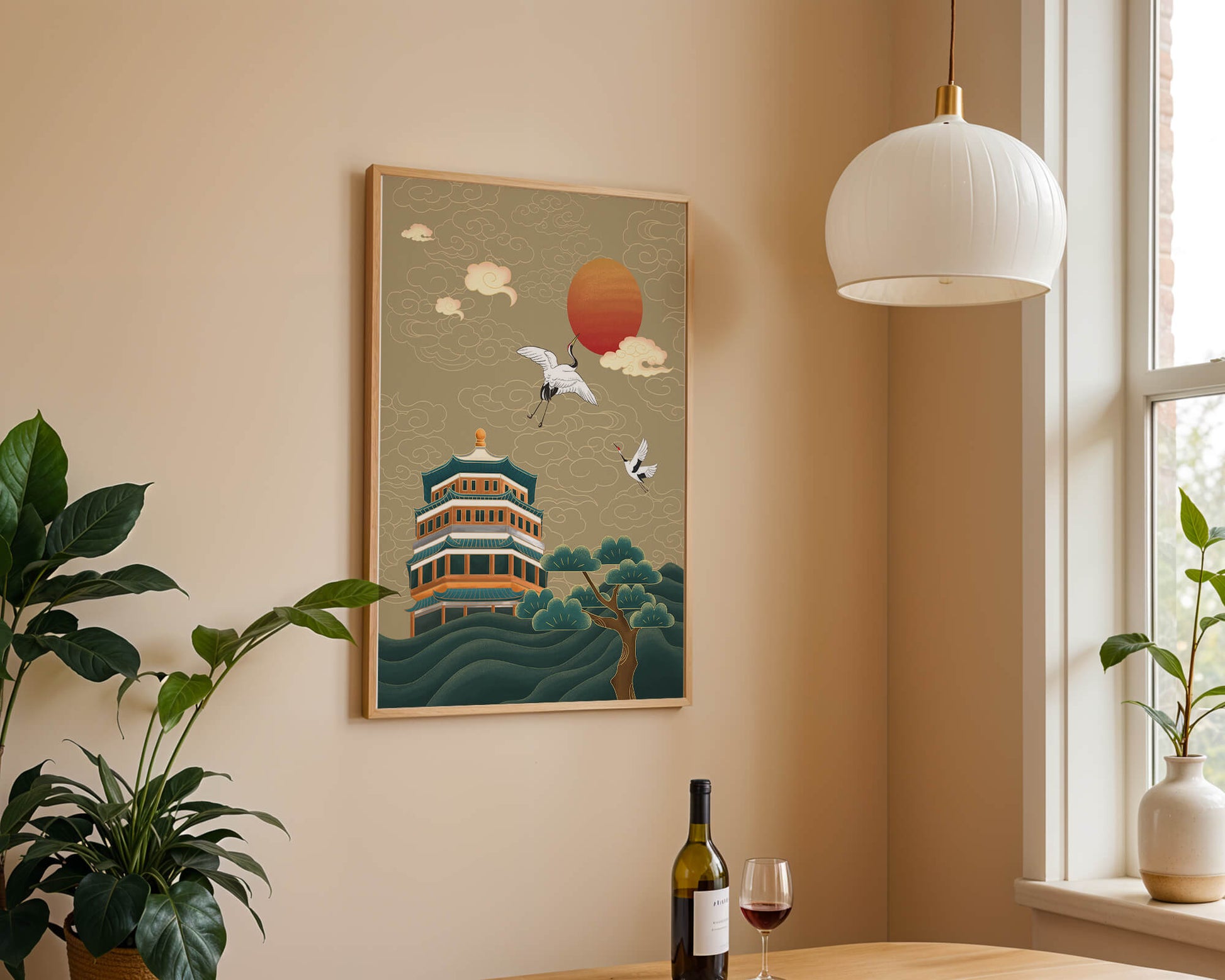 Traditional Asian art with cranes and temple at sunset