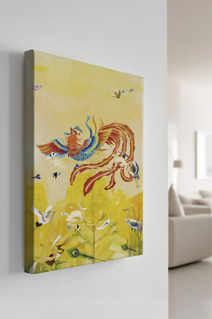 Colorful mystical bird with vivid feathered companions in a vibrant sky