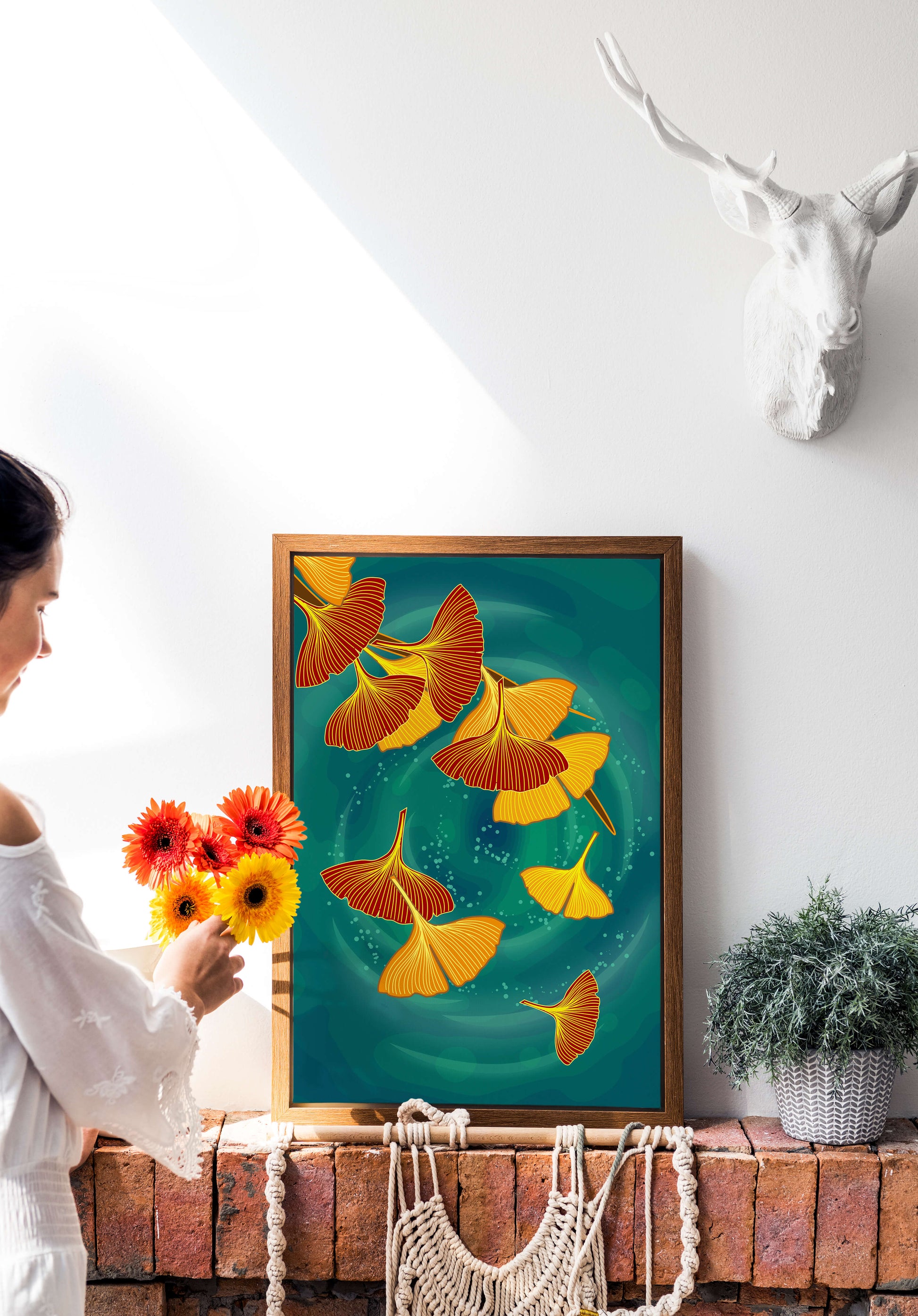 Stylized Ginkgo Leaves Floating on a Turquoise Background