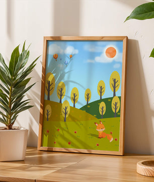 Whimsical landscape with hot air balloons and a fox in autumn scenery