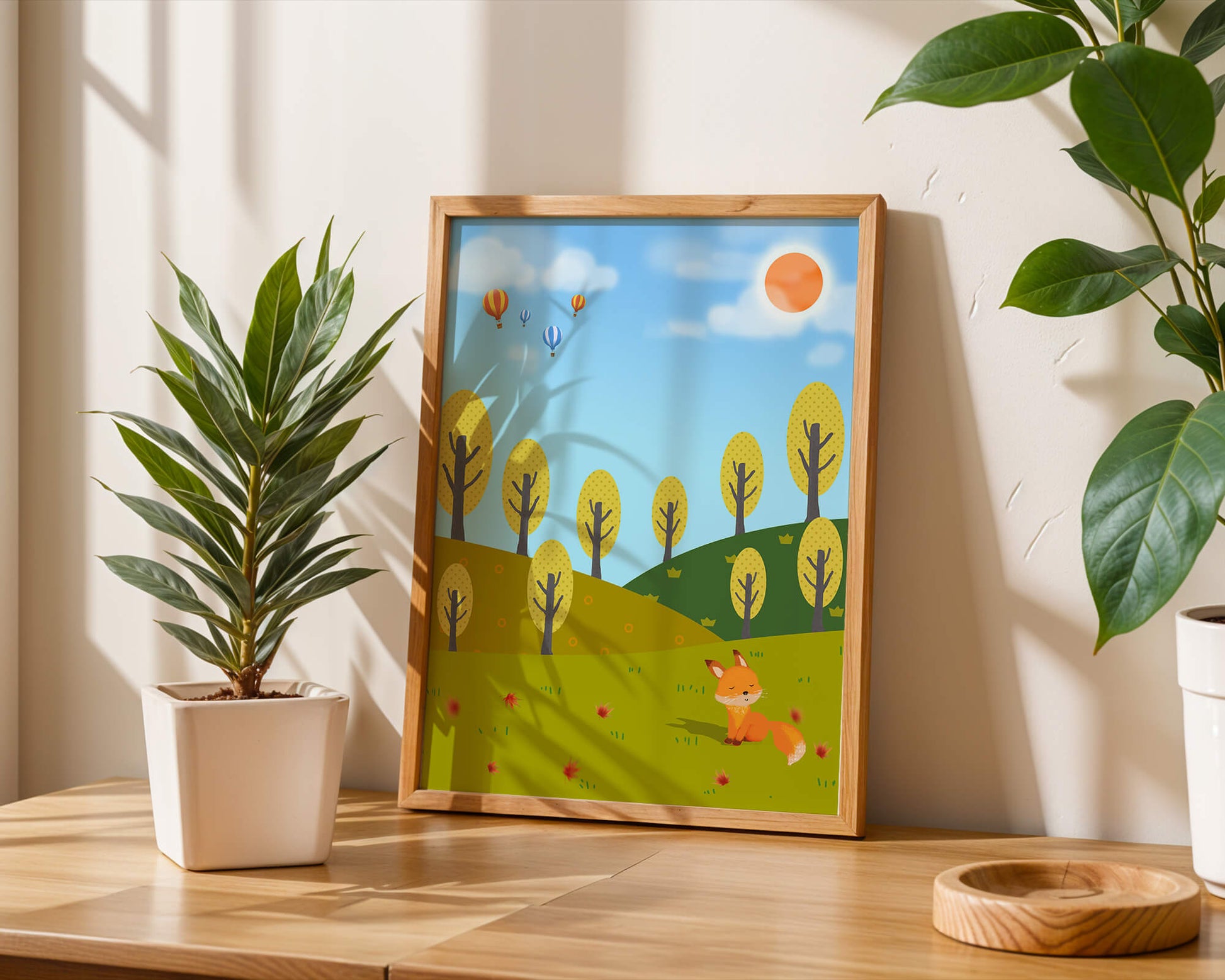 Whimsical landscape with hot air balloons and a fox in autumn scenery
