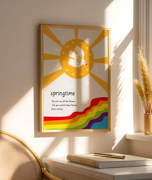 Colorful springtime illustration with dove and rainbow