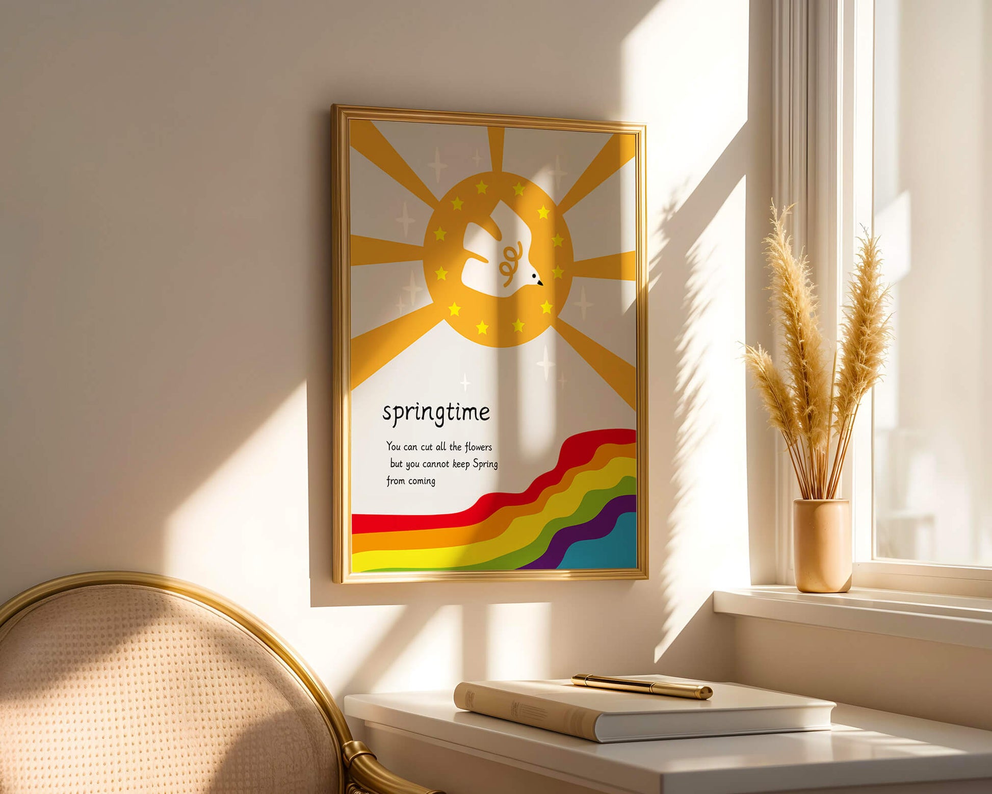 Colorful springtime illustration with dove and rainbow