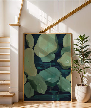 Green lily pads on a dark water background illustration