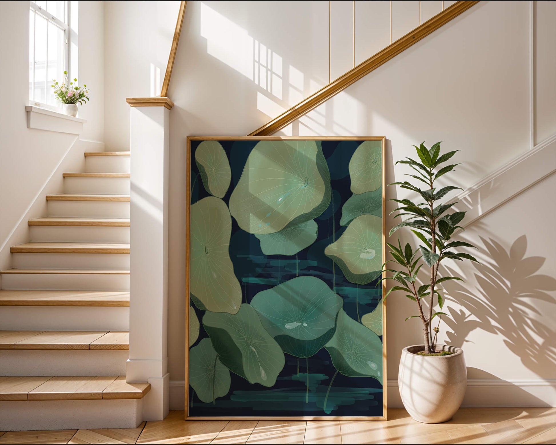 Green lily pads on a dark water background illustration