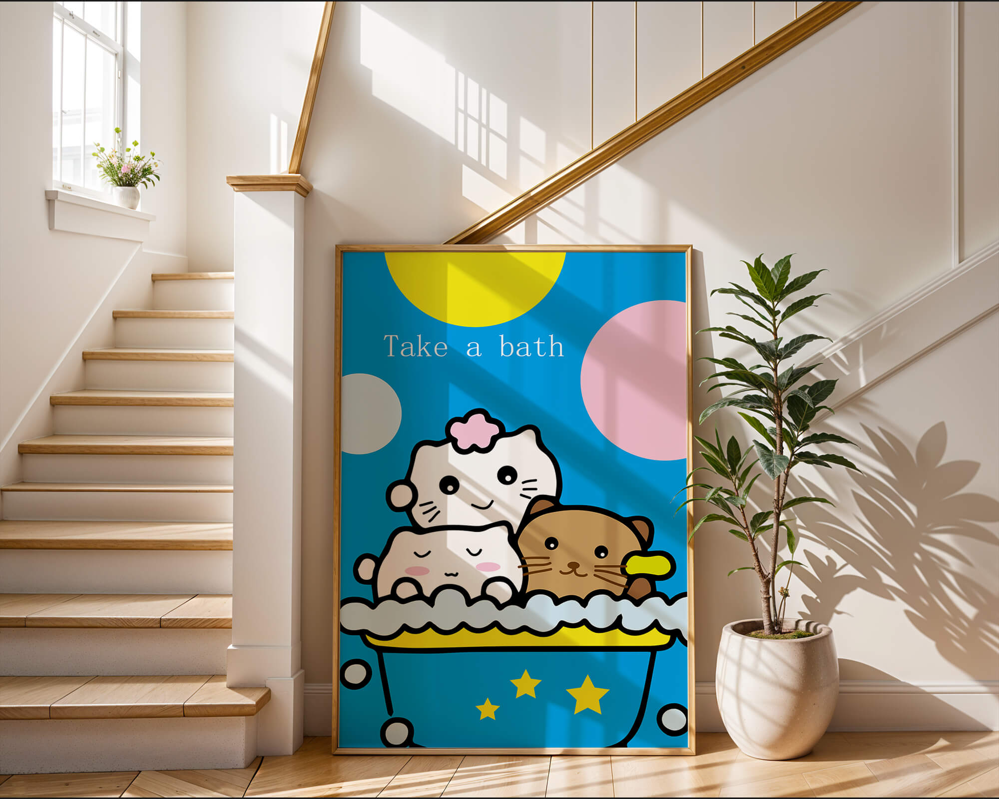Adorable cartoon characters in a bubble bath with vibrant background