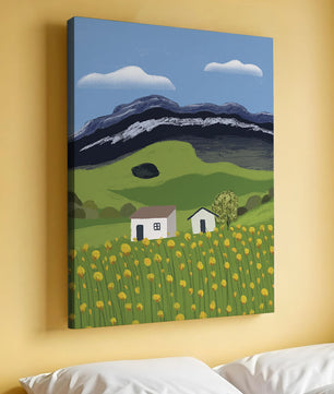 Peaceful Rural Landscape with Houses and Yellow Flowers under Blue Sky