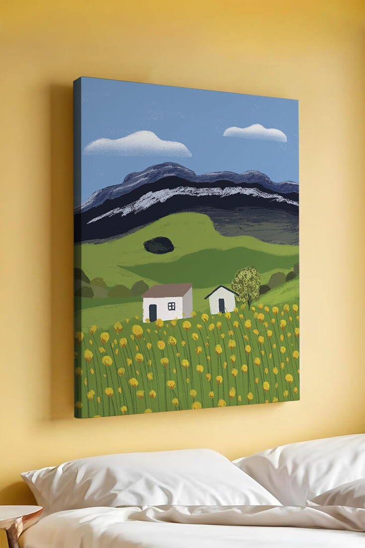Peaceful Rural Landscape with Houses and Yellow Flowers under Blue Sky