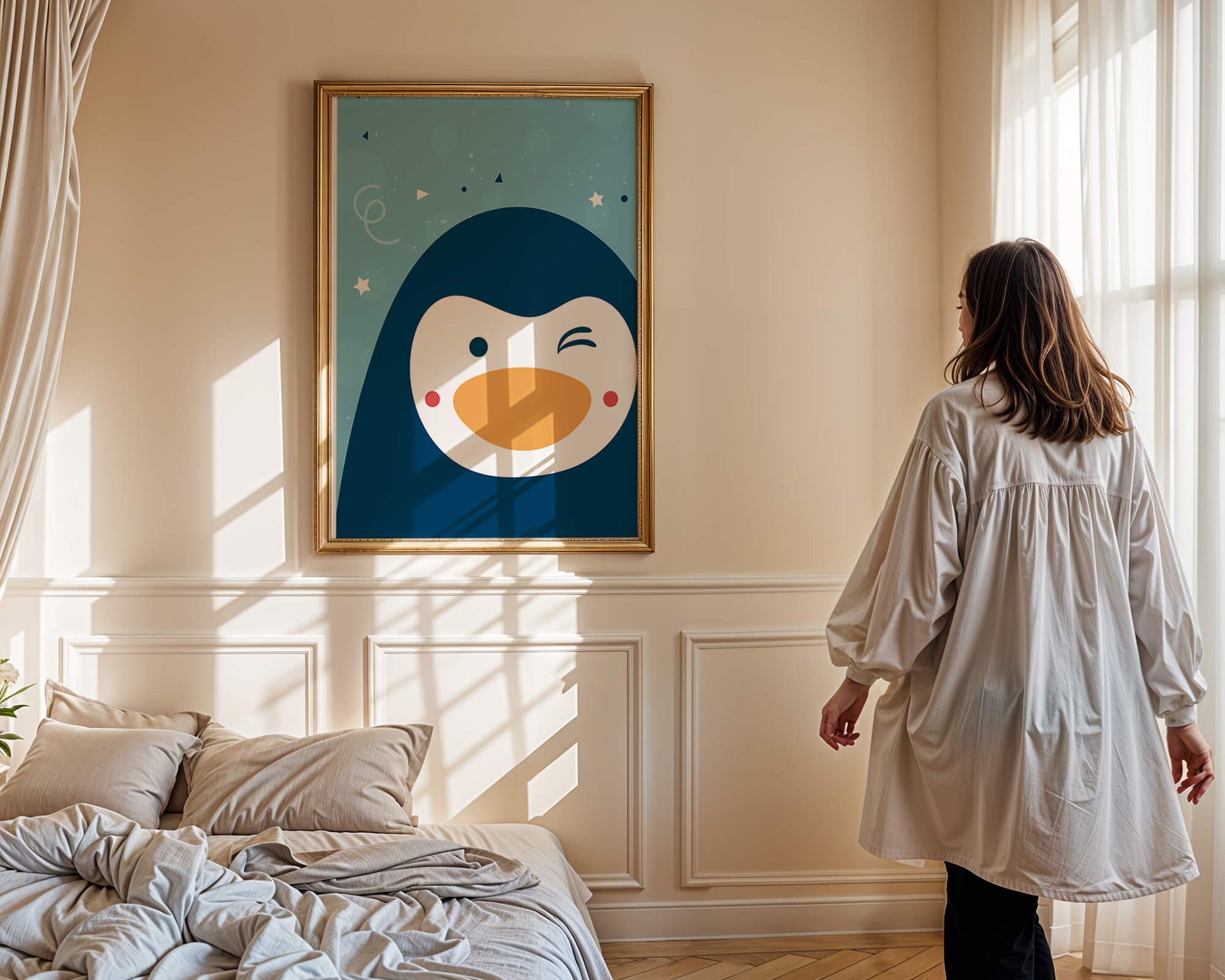 Pingüino de dibujos animados juguetón sobre un fondo azul caprichoso