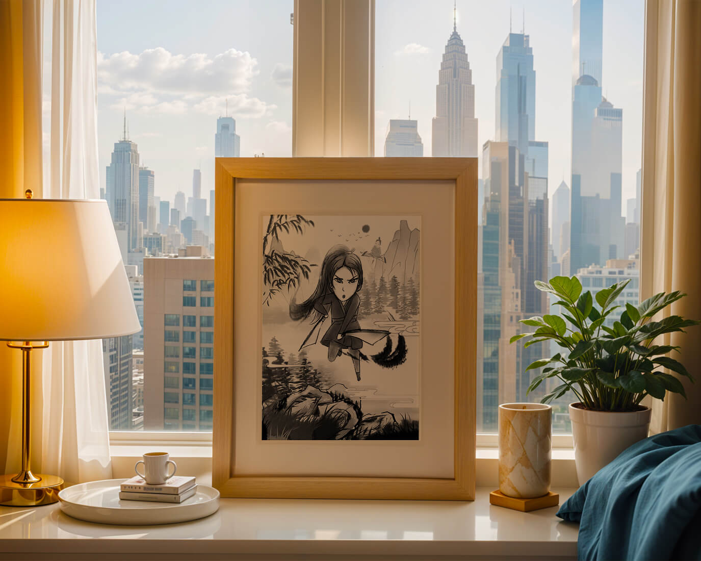 Warrior In A Mystical Landscape With Mountains And Rivers