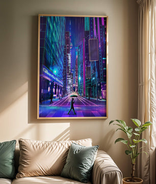 Scène de rue urbaine futuriste avec des néons et une ambiance pluvieuse